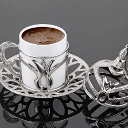 طقم قهوه إقتصادي فضي ،طقم فنجان قهوه تركي (مكون من 6 قطع بورسلين و6 قطع حوامل فاخره)،صنع في إسطنبول،تركيا