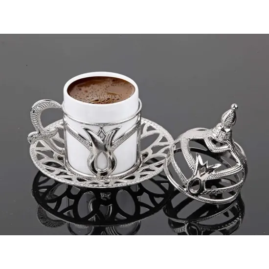طقم قهوه إقتصادي فضي ،طقم فنجان قهوه تركي (مكون من 6 قطع بورسلين و6 قطع حوامل فاخره)،صنع في إسطنبول،تركيا