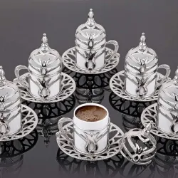 طقم قهوه إقتصادي فضي ،طقم فنجان قهوه تركي (مكون من 6 قطع بورسلين و6 قطع حوامل فاخره)،صنع في إسطنبول،تركيا