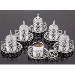 طقم قهوه إقتصادي فضي ،طقم فنجان قهوه تركي (مكون من 6 قطع بورسلين و6 قطع حوامل فاخره)،صنع في إسطنبول،تركيا