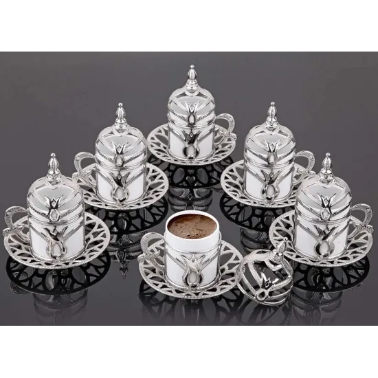 طقم قهوه إقتصادي فضي ،طقم فنجان قهوه تركي (مكون من 6 قطع بورسلين و6 قطع حوامل فاخره)،صنع في إسطنبول،تركيا