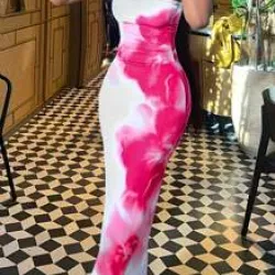 INAWLY Women Floral Tie-Dye Print Fitted Elegant Midi Dress