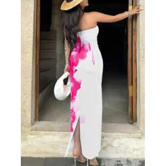 INAWLY Women Floral Tie-Dye Print Fitted Elegant Midi Dress