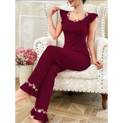   بيجامه نسائي سروال طويل وأكمام تصميم بفراشة