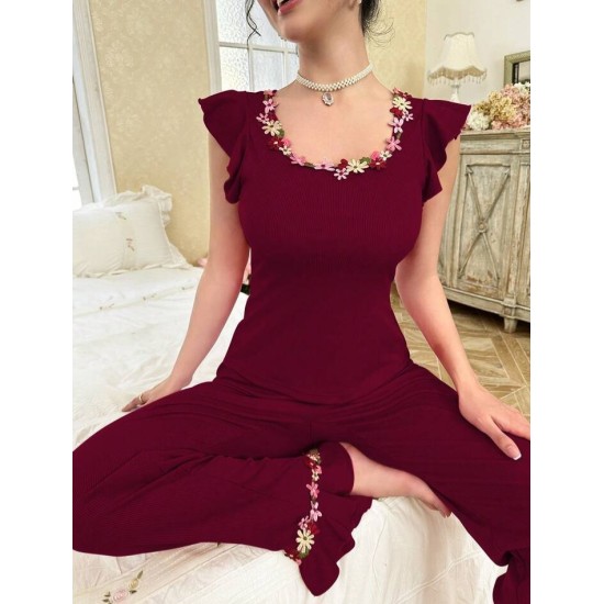   بيجامه نسائي سروال طويل وأكمام تصميم بفراشة